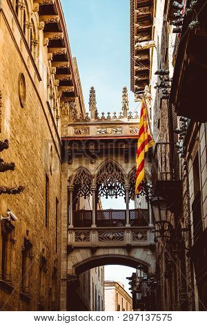 Barri Gothic Quarter And Bridge Of Sighs In Barcelona, Catalonia, Spain