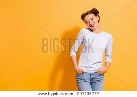 Portarit Of Cute Nice Magnificent Young Lady Hangout With Her Best Friends Placing Hands In Pockets 