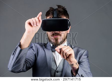 Businessman Explore Virtual Reality. Technology For Business. Digital Surface Interaction. Business 