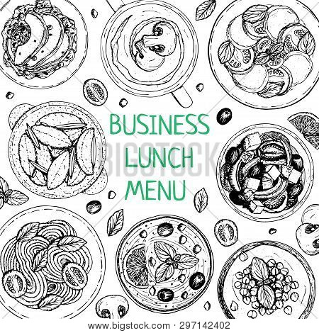 Banner Of Lunch And Dinner Ingredients Top View. Food Elements Collection. Hand Drawn Vector Illustr