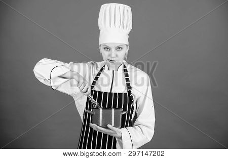 Use Hand Whisk. Kitchen Utensils Concept. Best Whipping Techniques. Woman Chef Hold Whisk And Pot. W