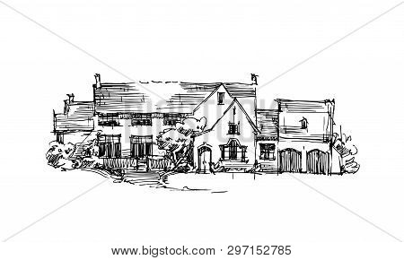 Rural Sketch Andscape. Vector Illustration. Ink Hand Drawing Landscape.