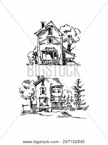 Rural Sketch Andscape. Vector Illustration. Ink Hand Drawing Landscape.