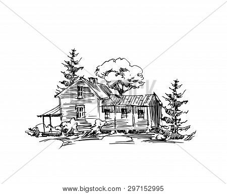 Rural Sketch Andscape. Vector Illustration. Ink Hand Drawing Landscape.