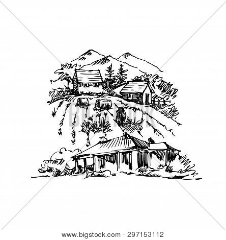 Rural Sketch Andscape. Vector Illustration. Ink Hand Drawing Landscape.
