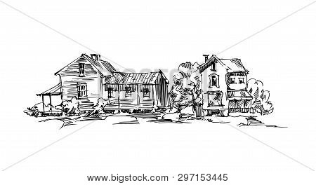 Rural Sketch Andscape. Vector Illustration. Ink Hand Drawing Landscape.