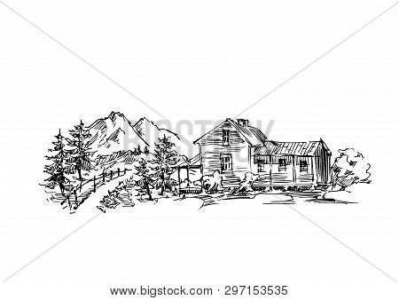 Rural Sketch Andscape. Vector Illustration. Ink Hand Drawing Landscape.