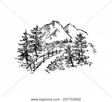Rural Sketch Andscape. Vector Illustration. Ink Hand Drawing Landscape.