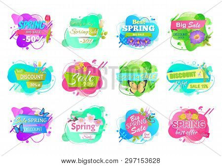 Spring Sale Labels Set Isolated Price Tags With Info About Discounts. Vector Advertisement Emblems, 