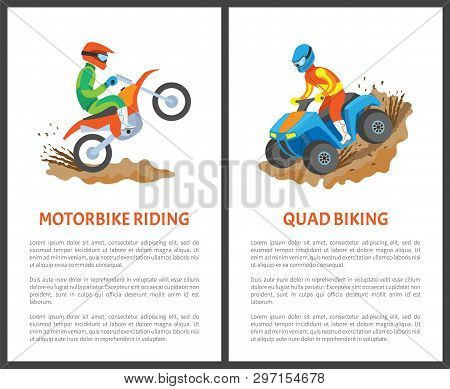 Motorbike Riding And Quad Biking Posters, Man In Helmet Driving On Motorcycle, Extreme Sport. Person