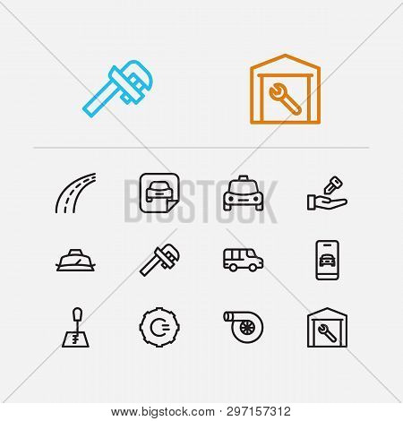 Car Icons Set. Van And Car Icons With Gear Logo, Garage And Car Taxi. Set Of Model For Web App Logo 