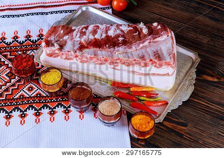 Salted Pork Lard With Marinated Pork Lard Fat With Spices Wooden Background