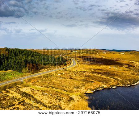 Aerial View Of The Road To Dungloe Next To Loch Mhin Leic Na Leabhar - Meenlecknalore Lough - County