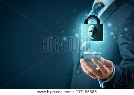 Smart Phone Face Detection And Identification (id) Concept. Padlock With Face Is Metaphor Of Unlocki