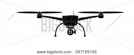 Quadcopter Or Copter Flying In The Air. Camera And Shooting Video Or Photo From The Air.