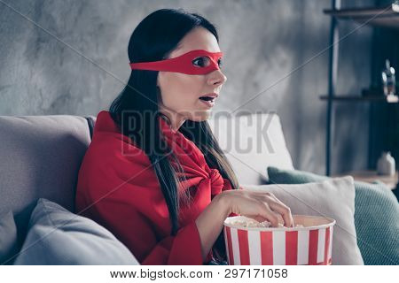 Close Up Side Profile Photo Beautiful She Her Superpower Lady Costume Hold Popcorn Container Watch P