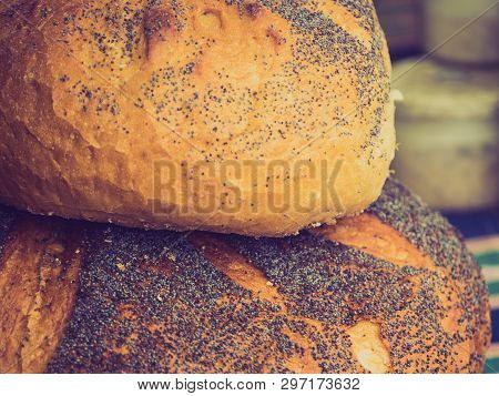 Pieces Loaf Of Bread With Poppy Seeds. Ogranic, Wheat Made Whole Grain Fresh Food.