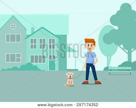 A Boy With A Dog On A Street Road. Flat Vector Illustration For Web Design.