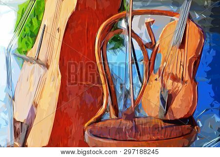 Impressionist Style Drawing Of Violin And Cello Musical Instruments