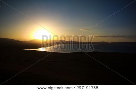 Aerial,panorama Of Song Kul Lake At The Sunset, Kyrgyzstan