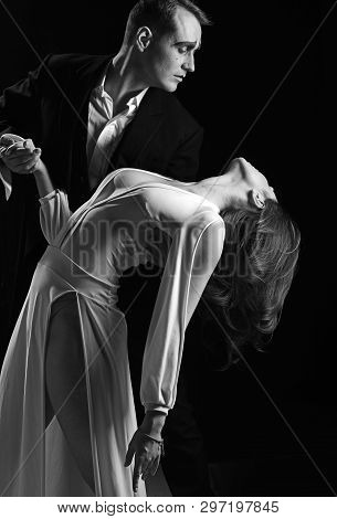 The Romantic Drama. Couple In Love With Mime Makeup. Couple Of Mime Artists Perform Romance On Stage