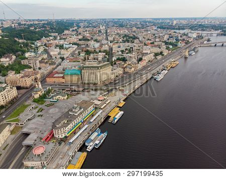 Aerial View Of City Riverside. Rivershore. Copy Space. Summer Time