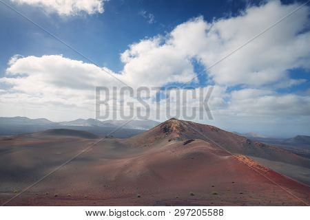 Amazing Volcanic Landscape And Lava Desert In Timanfaya National Park, Lanzarote, Canary Islands, Sp
