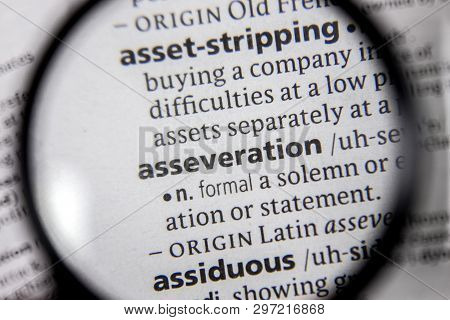 The Word Or Phrase Asseveration In A Dictionary Book.