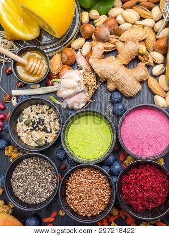 Various Colorful Superfood Powders, Cleasing And Detox Concept