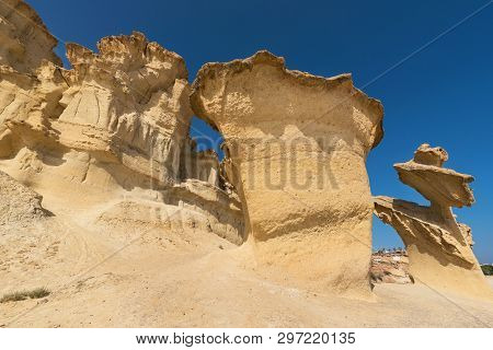 Desertic Landscape Of Erosion Rocks, Natural Formations In Bolnuevo, Murcia, Spain.