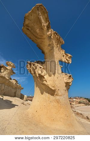 Desertic Landscape Of Erosion Rocks, Natural Formations In Bolnuevo, Murcia, Spain.