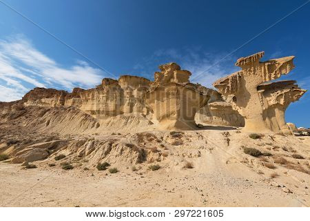Desertic Landscape Of Erosion Rocks, Natural Formations In Bolnuevo, Murcia, Spain.