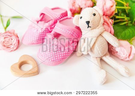 Newborn. Baby Accessories On A Light Background. Selective Focus.