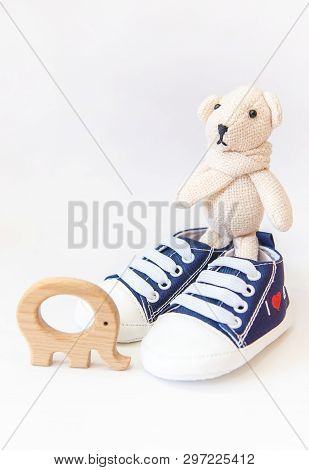 Newborn. Baby Accessories On A Light Background. Selective Focus.