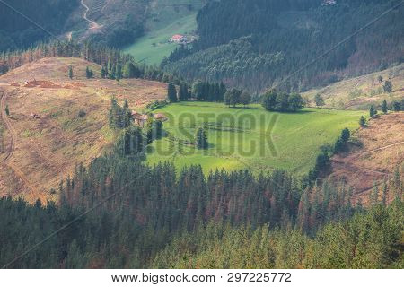Vizcaya Forest And Mountain Landscape In Oiz Mount, Basque Country, Spain.