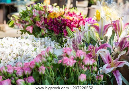 Photo Of Flower Bazaar For Graphic And Web Design, For Website Or Mobile App.