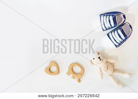 Newborn. Baby Accessories On A Light Background. Selective Focus.