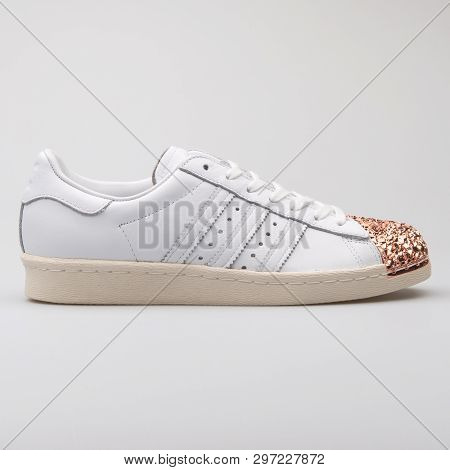 Vienna, Austria - August 7, 2017: Adidas Superstar 80s 3d Mt White And Copper Sneaker On White Backg