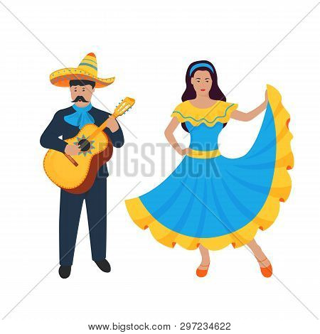 Cinco De Mayo. 5th Of May. Mexican Musician Sing And Play On Guitarron. Guitarist. Girl Dancing In T