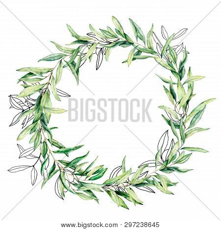 Watercolor And Sketch Wreath With Olive Berries And Leaves. Hand Painted Floral Border With Olive Fr