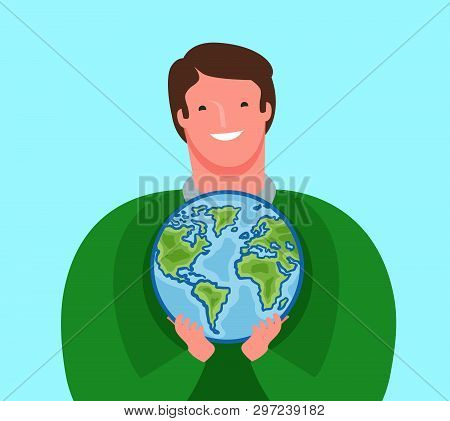Man Carefully Holds Planet Earth. Ecology, Environment, Travel Concept. Cartoon Vector Illustration