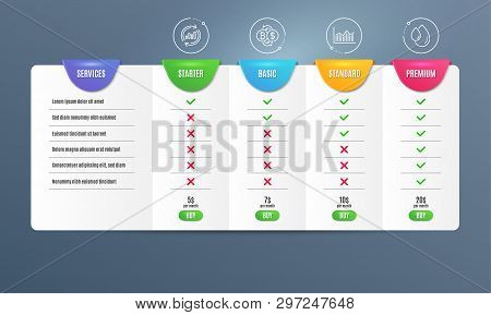 Bitcoin Exchange, Money Diagram And Update Data Icons Simple Set. Comparison Table. Oil Drop Sign. C