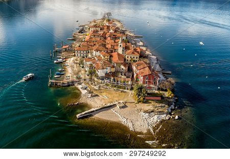 Aerial View Of Fishermens Island Or Isola Dei Pescatori At Lake Maggiore, Is One Of The Borromean Is
