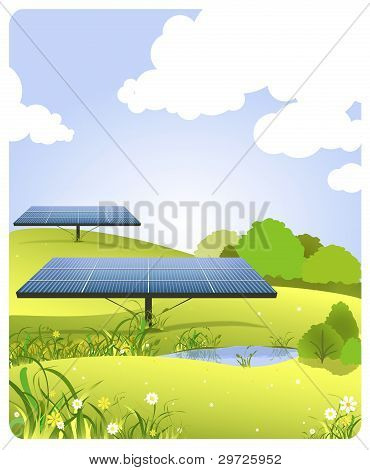 แผงเซลล์แสงอาทิตย์บนเขตข้อมูลสีเขียว รูปภาพของเวกเตอร์