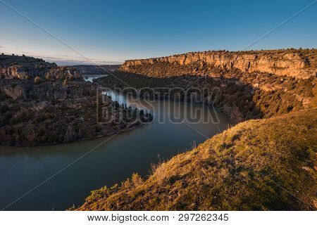 Hoces Del Duraton Canyon During Golden Hour In Segovia, Spain.