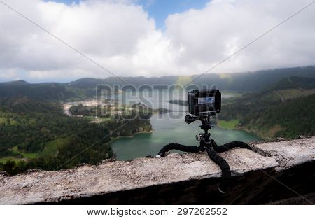 Action Camera Shoots A View Of Lake In Mountain