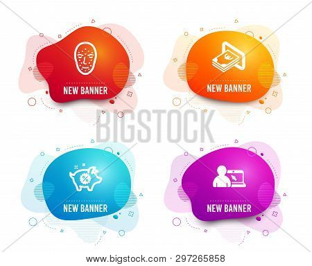 Liquid Badges. Set Of Cash, Piggy Sale And Face Biometrics Icons. Online Education Sign. Atm Payment