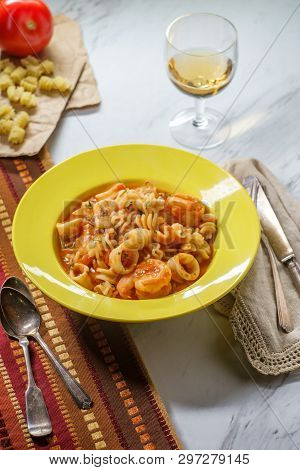 Italian Radiatori Pasta With Shrimp And Calamari In Sweet Sherry Wine Pink Sauce