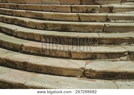 Close-up Of Old And Dirty Marble Steps In A Sunny Day At Campo Maior. A Cute Little Town With Roman,