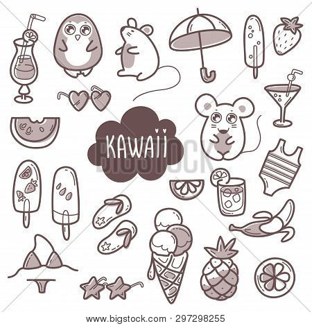 Kawaii Cute Collection Of Super Cute Animals Penguin, Mouse And Summer Sweet Fruits, Coctals And Ice